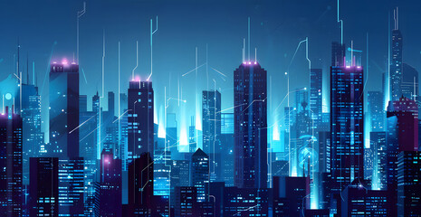 Poster - Modern skyscrapers of a smart city, futuristic financial district, graphic perspective of buildings and reflections - Architectural blue background for corporate and business brochure template design