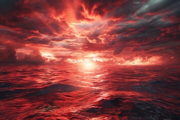 Aufkleber - A vibrant red sunset over the calm ocean, with fluffy white clouds drifting by