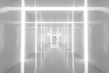 Sticker - Futuristic 3d neon studio technology tunnel with silver road in white interior design