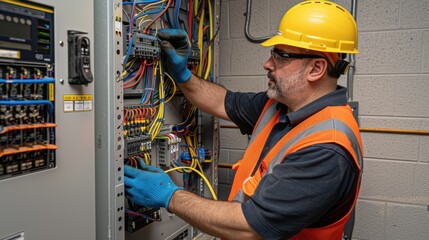 Canvas Print - The electrician repairing wiring