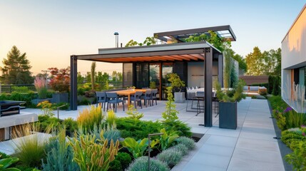 Suburban contemporary home with a rooftop garden and dining area, featuring sustainable planting and a modern pergola