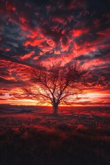 Poster - A single tree stands tall in a vast open field as the sun sets in the background, creating a beautiful and peaceful scene