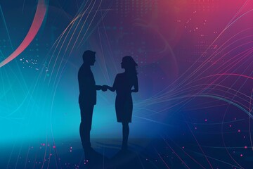 Poster - Business people shaking hands with a colorful abstract technology background