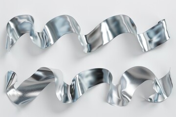Poster - A collection of metallic ribbons lies flat on a clean white background