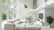 © millionaire - Modern living room with comfortable sofas, pastel colored walls, large windows and stairs to the second floor