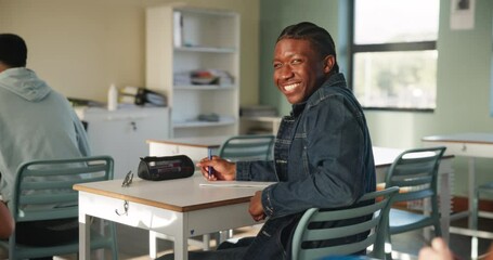 Poster - Student, portrait and learning in classroom from teacher for education, growth and development with lesson. Teenager, smile and male person in high school for lecture, knowledge and scholarship