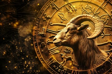 3d illustration of an intricately detailed golden aries ram on an astrological wheel with a cosmic b