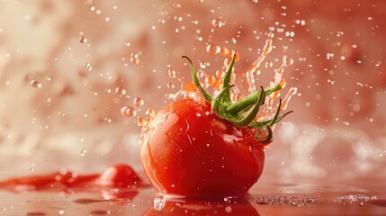 Poster - A juicy tomato with water droplets splashing on its surface