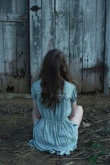 Poster - A woman sits on the ground in front of an old wooden door, with possible entry into a new space or opportunity