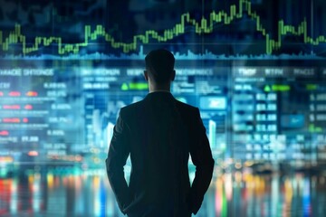 Poster - Businessman is looking at stock market data displayed on a wall of monitors