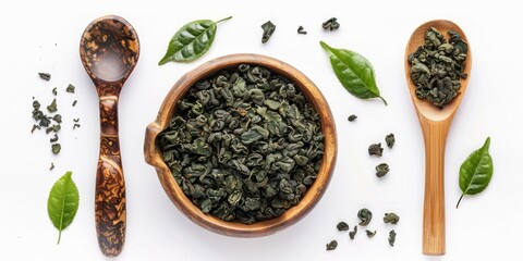 A wooden bowl containing green tea leaves and two wooden spoons, ideal for a traditional tea ceremony or everyday use