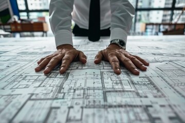 Poster - Architect is standing and reviewing blueprints for a new building project