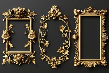 Poster - A collection of three ornate gold frames mounted on a wall, suitable for use in interior design or decorative themes