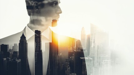 Double exposure creative portrait of a business man in profile with the dramatic skyline cityscape across his face