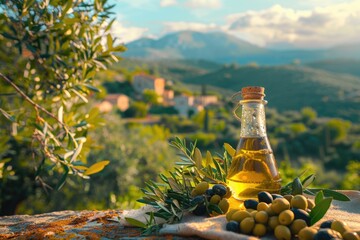 Poster - A close-up shot of olives and a bottle of olive oil placed on a table, great for use in still life photography or as a prop for food styling