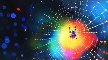 Spider hanging on web with colorful bokeh lights background