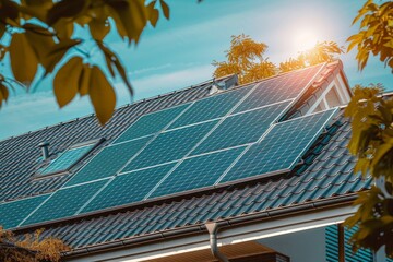 Wall Mural - panel solar energy photovoltaic power roof sun home cell system green house eco industry. solar ener