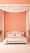 © douniasara - White bed, peach wall, and white curtains in a minimalist bedroom, showcasing simple elegance and tranquility.