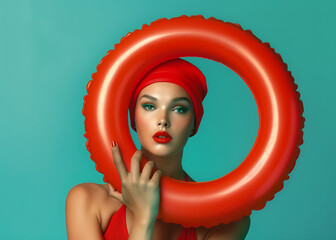 A portrait of a glamorous woman with a red swim cap holding a big swimming ring, in a retro color and style palette against a blue background. 