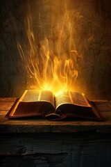 Poster - An open book on a wooden table with flames burning nearby, great for educational or dramatic settings