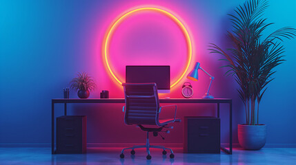 Poster - Modern home office interior with neon lights illuminating desk at night