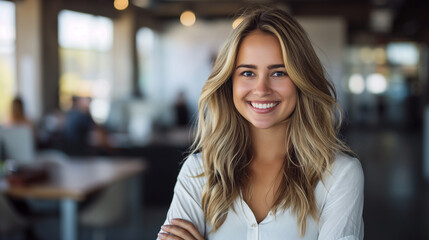 Poster - Young businesswoman smiling with folded arms in busy office