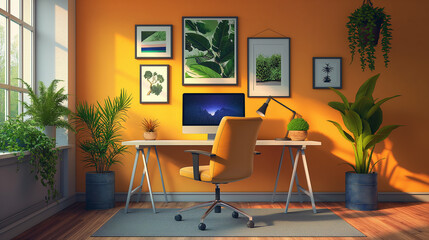 Poster - Home office interior with desk and plants is bathed in sunlight