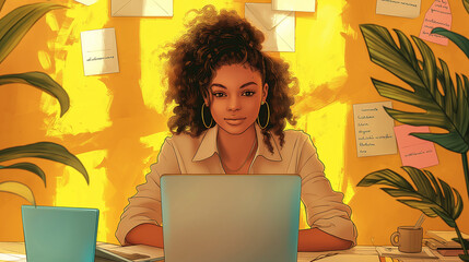 Poster - Young woman working from home office using laptop surrounded by plants
