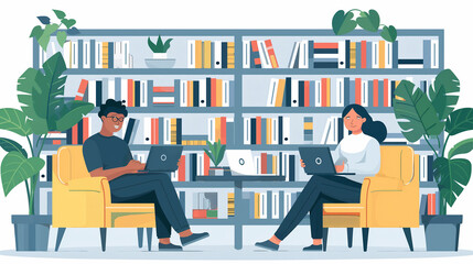 Aufkleber - Two young professionals working on laptops in a modern office with bookshelves