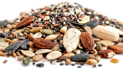 Poster - A collection of various nuts and seeds arranged on a white background, ideal for food or decoration uses