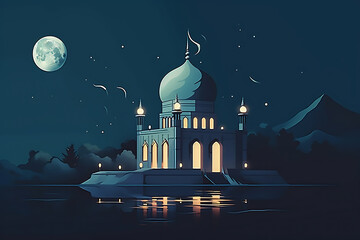 Wall Mural - A mosque with a blue dome and warm yellow lights, reflecting on the water, under a starry night sky, perfect for Ramadan celebrations. 
