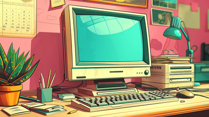 Poster - Old personal computer sitting on desk with turquoise screen displaying information
