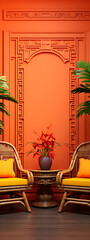 Wall Mural - Two yellow chairs and a red flower arrangement on a wooden table against an orange wall with intricate details, perfect for a modern Asian interior design concept. 
