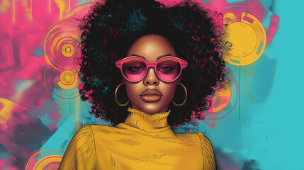 Poster - Fashion model posing with colorful afro hairstyle and pink sunglasses