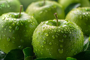 Wall Mural - Close-up of green apples with water drops