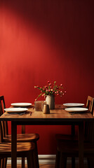 Wall Mural - Minimalist dining table setting with red flowers and wooden chairs against a red wall, perfect for a cozy dinner party. 
