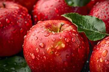 Wall Mural - Close-up of red apples with water drops