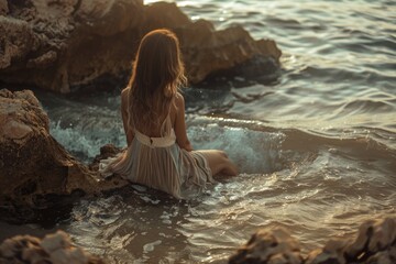 Aufkleber - A woman sits on a rock partially submerged in the water, surrounded by calm atmosphere