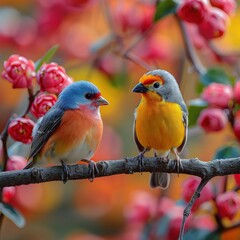 Photography of colorful birds wearing tiny collars, socializing on a vibrant tree branch, close-up, bright background