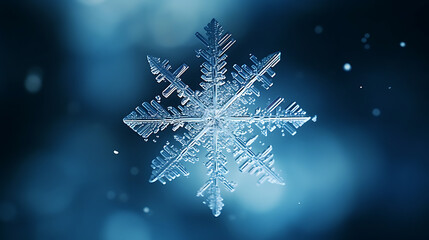 A detailed snowflake in blue and white with a blurred background, perfect for winter and holiday designs. 