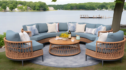 Wall Mural - Blue and brown wicker furniture on a patio overlooking a lake, perfect for a relaxing summer afternoon. 
