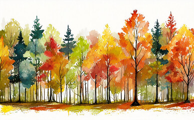  panorama painting multicolored autumn forest on a white backgroun