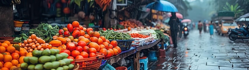 wet street with a bunch of fruit and vegetables on display