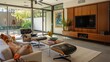 © Ramzan - Mid-century modern suburban living room with custom sliding doors that conceal a multimedia entertainment system