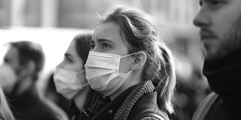 Poster - A woman wears a face mask while surrounded by people, emphasizing the importance of personal protective equipment during crowded events