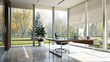 © Ramzan - Mid-century modern suburban home office with floor-to-ceiling windows, adjustable tint for privacy, and a floating desk design