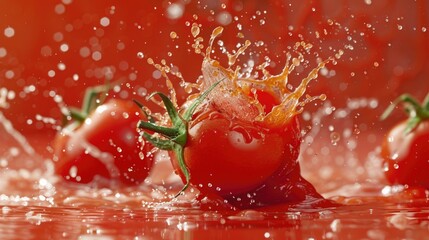 Wall Mural - Fresh tomatoes dropped into a pool of water, creating a splash and ripples