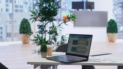 Poster - Stock exchange portfolio on laptop containing investment assets affected by market volatility. Empty workplace with live index indices on notebook screen showing stock demand surge
