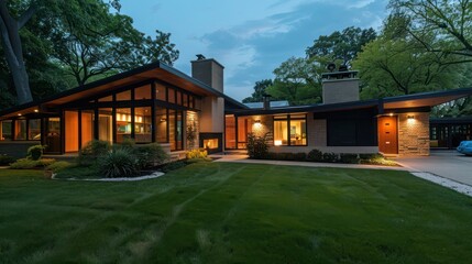 Mid-century modern suburban home with a sophisticated security system that includes perimeter alarms, motion sensors, and HD surveillance