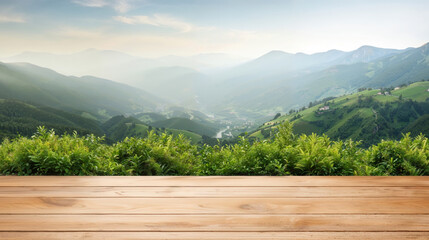 Poster - Empty wooden table top with a breathtaking view of a mountain valley in the background